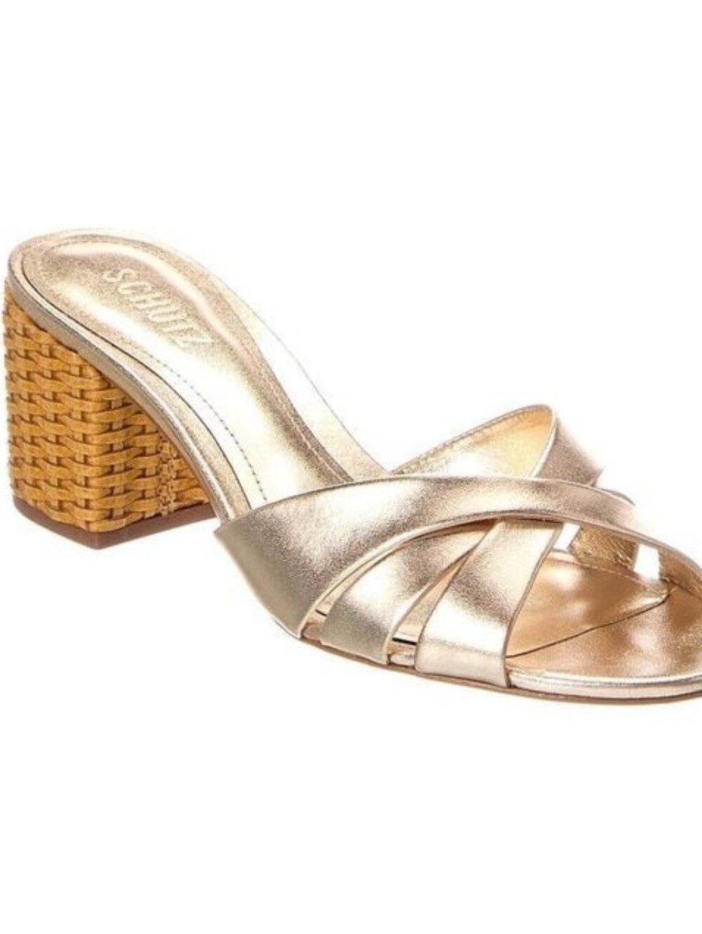 SCHUTZ Keefa Block Mule Sandals in Platina Gold Leather, Size 6